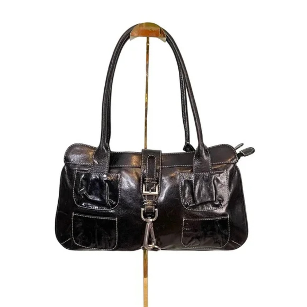 Hype Satchel Shoulder Bag Black Patent Leather Multi Pocket Handbag Purse Buckle